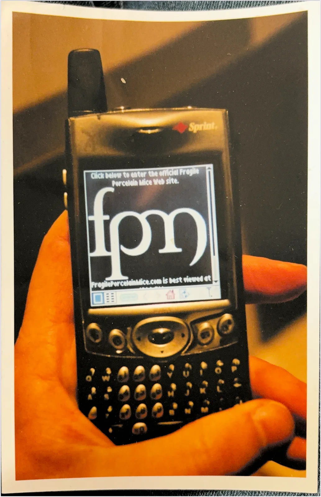 A photo of an old printed photo of the old FPM website on a BlackBerry PDA.