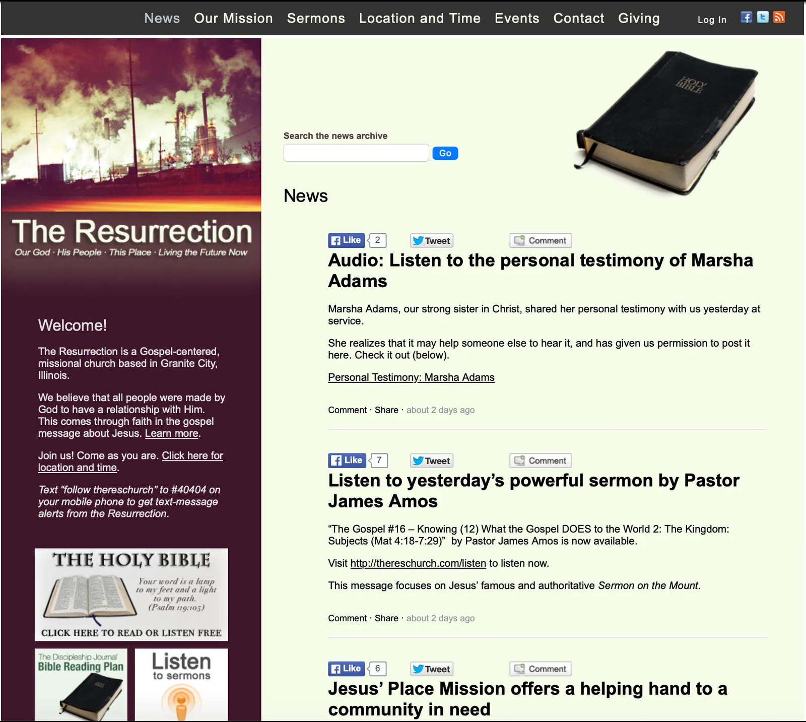 A screenshot of the old Resurrection website.