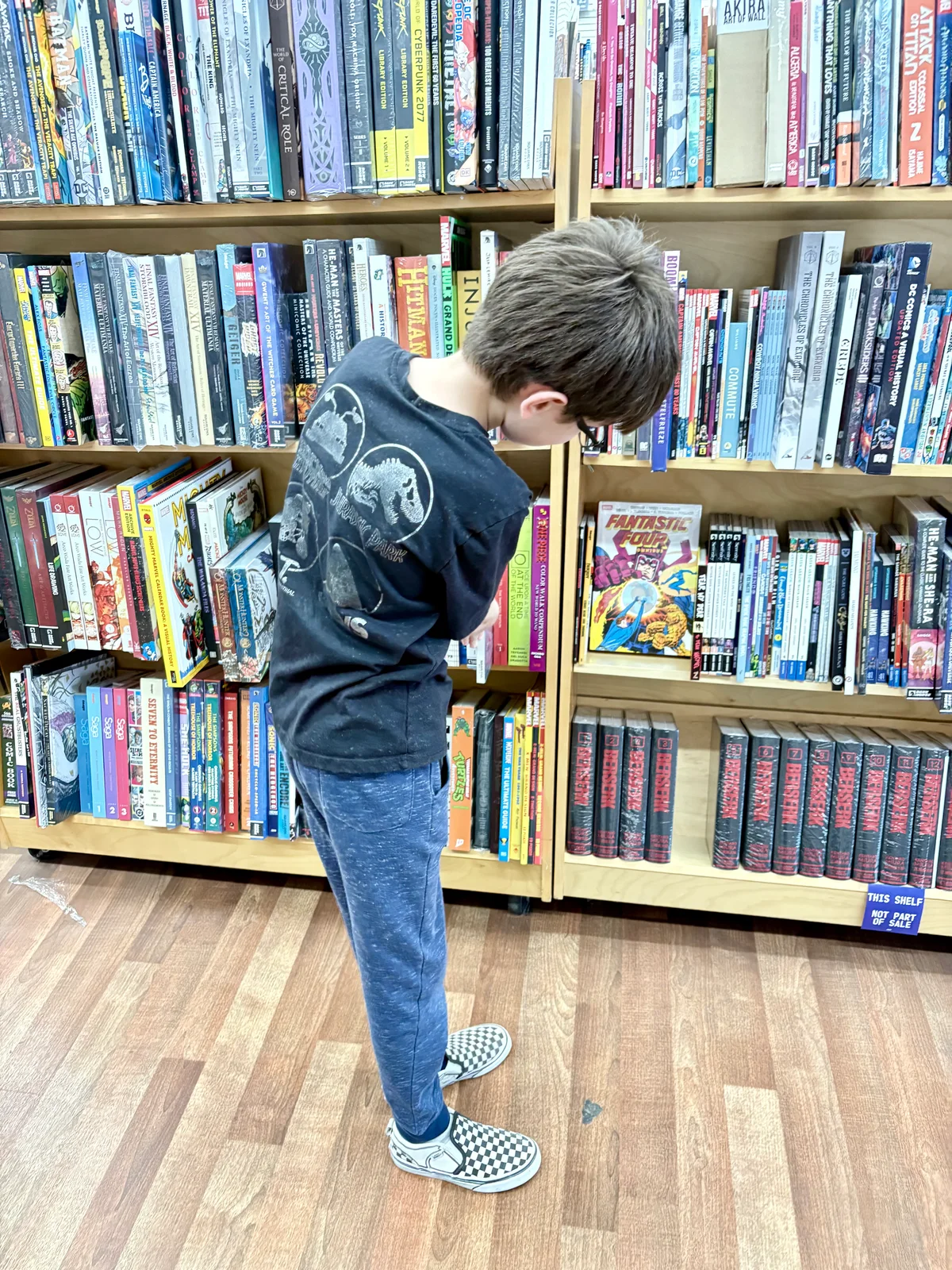 Checking out the books on the shelves.