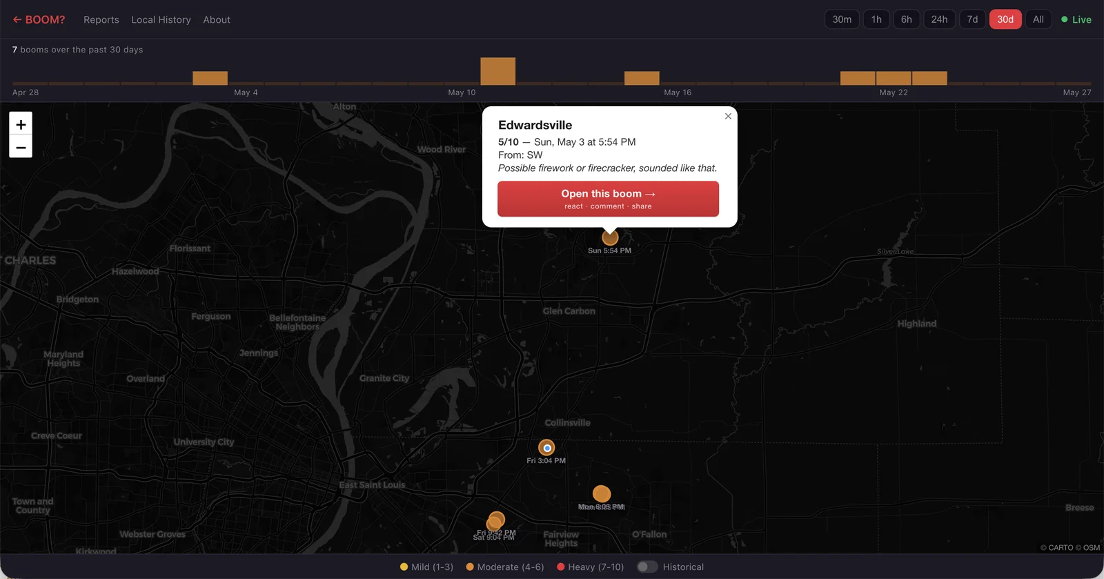 The BOOM? Live Map zoomed to the St. Louis Metro East, with a new histogram strip across the top showing the past thirty days of reports. A popup over an Edwardsville pin reads "Possible firework or firecracker, sounded like that."