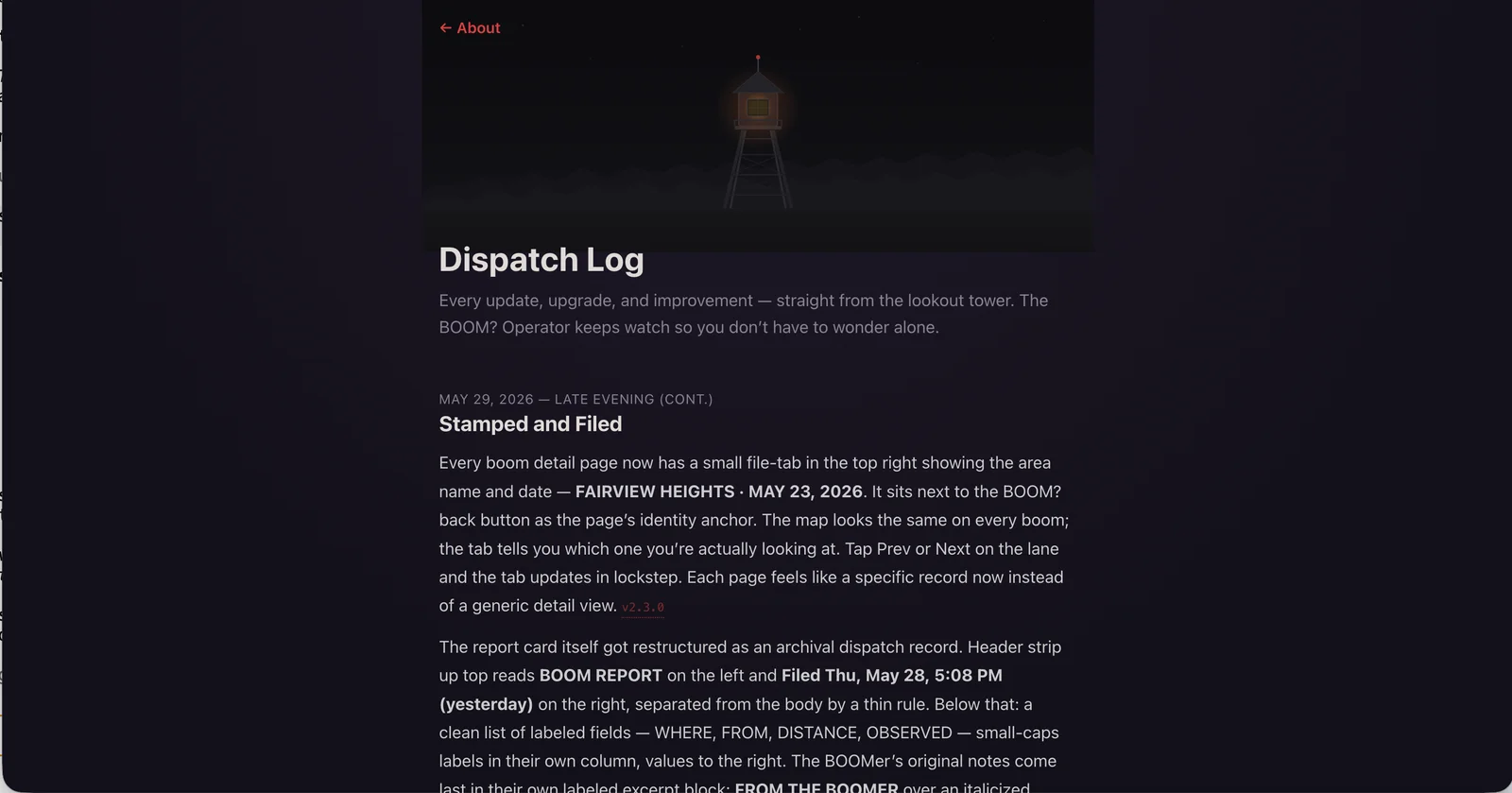The BOOM? Dispatch Log page, opening with a lookout-tower hero illustration above a list of update entries written in the Operator's voice. The first visible entry, "Stamped and Filed" from May 29, describes the new file-tab on boom detail pages.