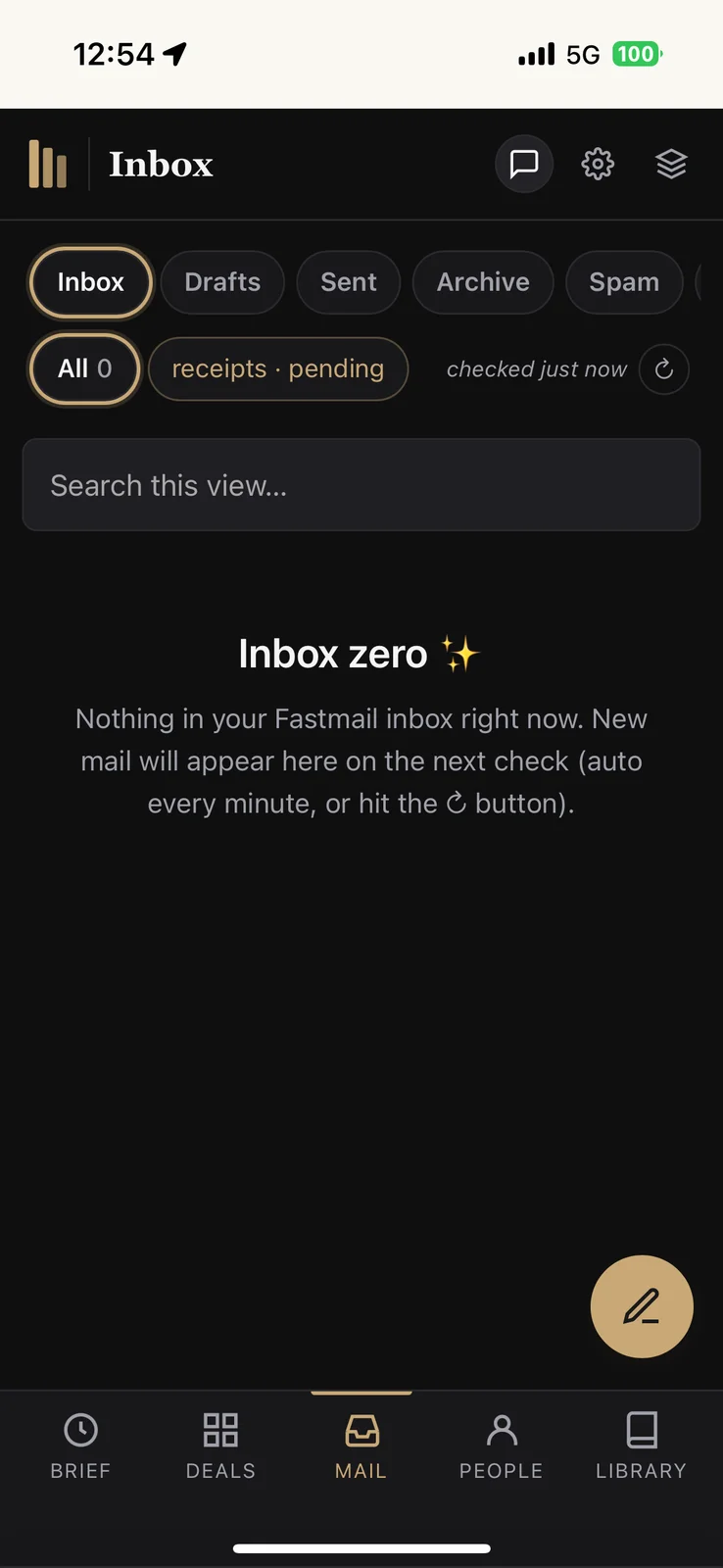 iPhone screenshot in dark mode showing an empty email inbox. Large centered text reads “Inbox zero” with sparkling stars. Below it, smaller text states “Nothing in your Fastmail inbox right now.” The Inbox tab is selected with “All 0” displayed, confirming a clean, empty inbox.