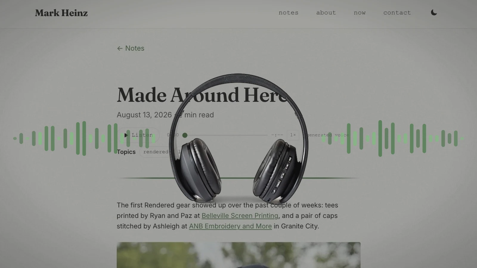 A pair of black over-ear headphones rests over a lightly dimmed screenshot of a note page, flanked by a green audio waveform.